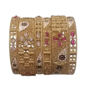 Santosh Enterprise Traditional Gold-Plated Bangle Set, Meenakari Design with Ruby and AD Stones, Set of 6 Pieces (2.10)