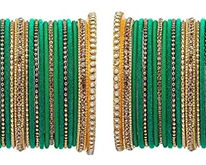 T4 Jewels Classic Metal Gold Plated Zircon Stone And Beads Studded Designer Bangles Set For Women & Girls (Set For 2 Hand)_Green_2.8
