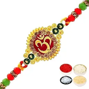 Velour Shoppe Designer Premium OM Blessing Rakhi for Brother, Tikka with Personal Message & Roli Chandan Chawal Mishri Pack for Bhai Bhaiya