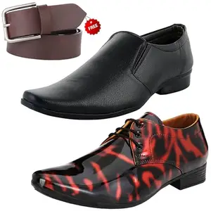 Latest Trendy Formal Shoes/Party Shoes/ 2 Shoes Combo with Free Belt for Men and Boys (BAZAAR8646_VTR01-Blk-Red-2003-Blk) Multicolor