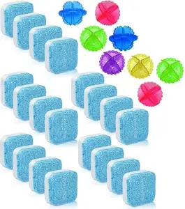 KUMISHRI 20-Piece Washing Machine Cleaner Tablets & 8-Piece Laundry Dryer Balls – Deep Drum Cleaning & Tangle-Free Drying for Fresher Clothes – Multi-Color Reusable Laundry Accessories