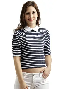 Miss Chase Women's Navy Blue and White Striped Crop Top(MCR16TP07-29-21-06_Navy Blue and White_X-Large)