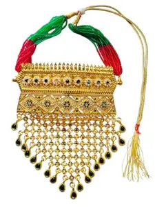 Anas Trendy Fashion Traditional Rajasthani Rajputi Aad, Gold-Plated Choker Necklace, Emerald Green Stones, Lattice Design with Teardrop Pendants