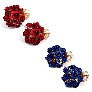 Jewels Galaxy Exclusive AD Floral Design Gold Plated Stud Earrings Collection Jewellery For Women & Girls-Combo of 2 (Red and Royal Blue) (JG-CB-BLL-4527)