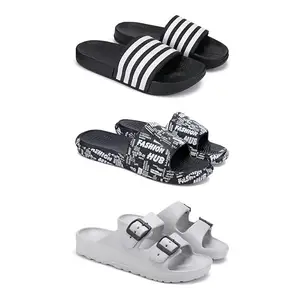 DRACKFOOT Lightweight,Classic Slider || Sandals with Clogs for Men-Combo(3)-3024-3103-3114-7 Grey