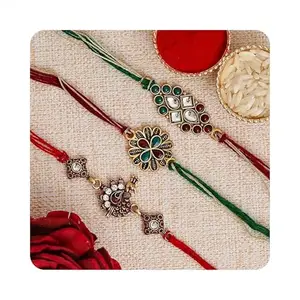 eCraftIndia Multicolor Set of 3 Beautiful Flower and Peacock Designer Kundan Rakhis with Roli Chawal Pack - Rakhi for Brother, Bhaiya, Bhai