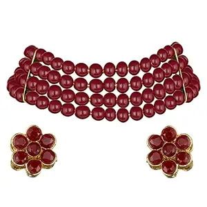 I Jewels 18k Gold Plated Traditional Maroon Pearl Beaded Stylish Moti Choker Necklace Jewellery Set with Stud Earrings for women (ML286M)