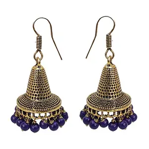 Lucky Jewellery Golden Oxidised Blue Jaipuri Jhumki Earring (140-H1JO-H198-B)