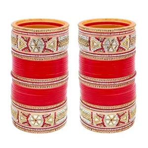 Lucky Jewellery Bridal Bangle Set Dhanteras/Diwali/Bhai Dooj Collection Designer Golden White & Red Stone Chuda, Wedding punjabi Choora Fashion Chura Set for Women (1023-G1C1-JM279-R210)