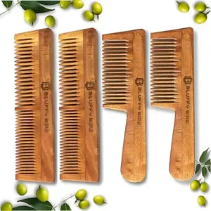Neem Wooden Comb - Soaked In 17 Herbs, Neem & Sesame Oil For Multi-Actions - Detangling, Frizz Control & Shine,Suited For All Hair Types (Dual + Dual + Wide + Wide Tooth) - Pack of 4