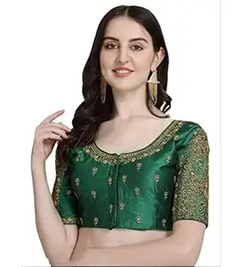 Women's Phantom Silk Woven Round Neck Short Sleeve Readymade Blouse (Green, Free Size)-PID57715