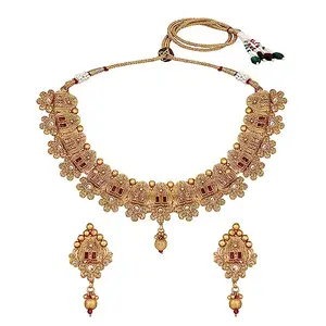 ACCESSHER AntiqueRajwadi Matte Gold Plated Semi - Precious Stones Studded Statement Necklace with Earrings and Maang tika for women and girls (Gold1)