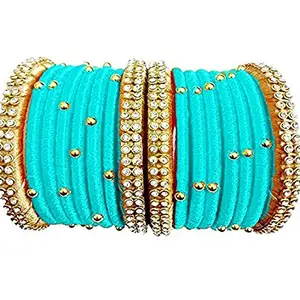 thread trends Silk Thread Bangles Set with Gold Combination Bangles Color Set of 16 Bangles Sky Blue (size-2/4)