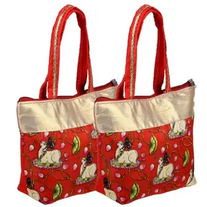 Heart Home Hand Purse|Traditional Mini Hand Bag|Silk Wallet Hand Bag|Shagun Hand Purse|Woman Tote Hand Bag|Gifts Hand Bag|Cow-Small Hand Purse|Pack of 2|Red