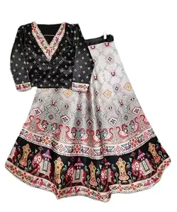 Digital Print Semi Stitched Lehenga & Crop Top (Black) BZ_Stripe-BAPAT-Black