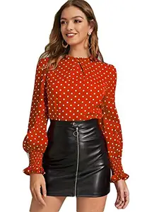 Istyle Can Women's Polka Dot Long Shirred Sleeve Regular Fit Top (ISCA-212, Red, Small)