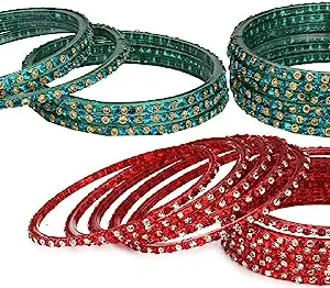Somil Combo Of Party & Wedding Colorful Glass Kada/Bangle, Pack Of 24, Radium,Red