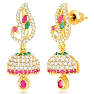Peora Gold Plated Rani Pink Green Cubic Zirconia Studded Jhumki Earrings Ethnic Fashion Jewellery for Women Girls