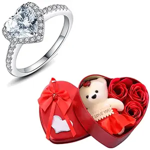 Fashion Frill Valentine Gift For Girlfriend Heart Crystal Silver Ring For Women Girls Heartbox with Teddy Couple Gifts Valentine's Day Love Gifts