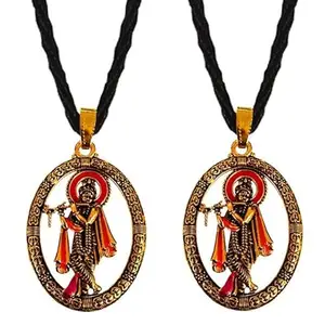 De-Ultimate (Set Of 2 Pcs) Metal Unisex Oval Shape Colorful Hindu God Lord Shri Krishna/thakur Ji/govinda/kanha with Flute Basuri/murli Pendant Locket Necklace with Cotton Dori