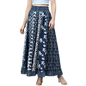 DEEBACO Women's Printed Cotton Panel Maxi Length Skirt|Western Design Fit & Flare Elasticated Long Skirt for Women|Latest Fashioable Party Causal Wear Outfits for Ladies (DBSK00000695_L_Navy Blue)