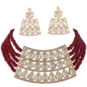 Steorra jewels Green Stones Beads Kundan Choker Necklace Earring Set For Women-