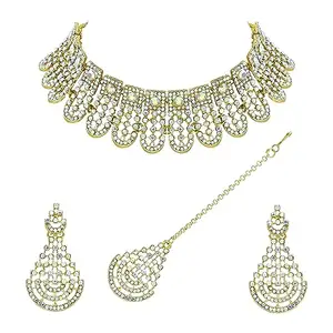 SAIYONI Tilak Blossom Charm Wedding Look Choker Jewellery Set For Women & Girls - Rainbow | Silver Plated Choker Necklace With Earrings & Maangtikka