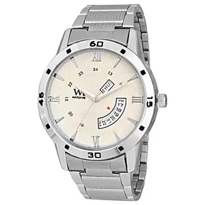 Watch Me Day Date Collection Off White Dial Silver Stainless Steel Metal Strap Analog Watches for Men Latest Stylish and Boys DDWM-040kwc