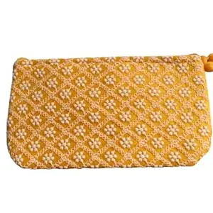 RD HANDICRAFTS Yellow Lucknowi Chikankari Sitara Embroidery Pouch Wallet