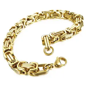 INBLUE 8mm Wide 316L Stainless Steel Bracelet Byzantine Link Chain Bracelet for Men Women Boys Water Resistance (Color - Gold, Length - 8.0 Inch)