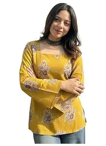 ANNI Designer Women’s Viscose Printed Short Kurti | Straight Fit Ethnic Top with Square Neck | Bell Sleeve Casual Indian Kurta for Office College, Party