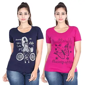 FLEXIMAA Women's Cotton Printed Round Neck Half Sleeve Navy Blue & Magenta Color T-Shirt M Size - (Pack of 2)