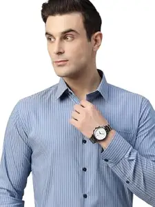 Hancock Men Striped Cotton Elastane Stretchable Formal Shirt Blue