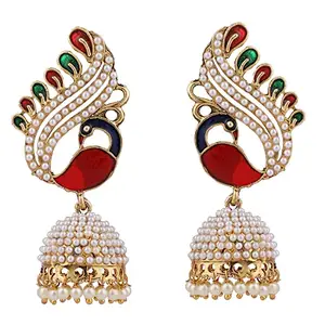 Styylo Fashion Pearl and Meenakari Work Peacock Motif Designer Jhumka Earring