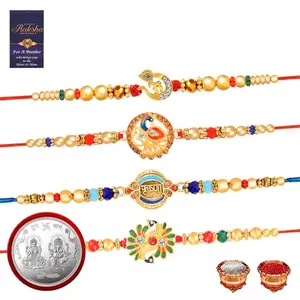 De Marquis Designer Rakhi Combo Set of 4, 1 Pooja Coin, 1 Roli-Chawal Pack, 1 Greeting Card for Brother (4 Different Patterns Rakhis Set)