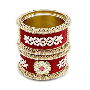 Accessher Traditional Gold Plated Rajwadi Style Red Velvet Fabric and Kundan Embellished Statement Bridal Chooda/ Kada/ Bangles Pack of 6 for Women and Girls| Gifting for Karwachauth | Bridal Jewellery |