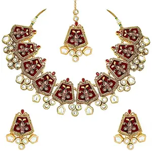 Amazon Brand - Anarva Gold Plated Kundan Studded Meenakari Bridal Choker Necklace Jewellery Set with Earrings & Maang Tikka for Women (ML134M)