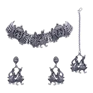 Darsha Collections Designer silver oxidised Necklace Set earrings and maang tikka for Women(DCNK256)