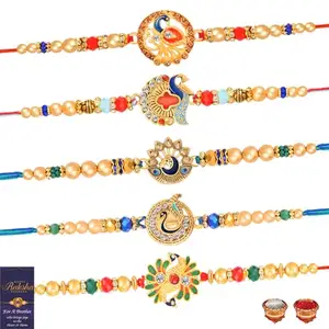 De Marquis 5 Designer Rakhi Gift Set for Brother, Mauli Thread Rakhi, Chawal Roli Pack, Greeting Card Set (5 Multicolor RAKHI set in different design with Roli and chawal)