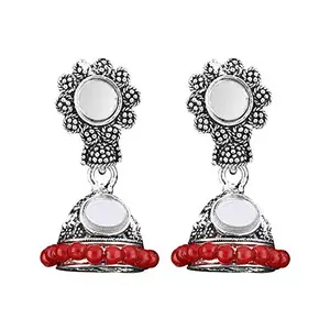 Silver Shine Lovely Red Mirror with Beads Jhumki Earrings
