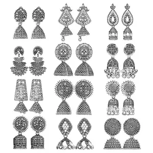Fashion Frill Earring For Women Floral Silver Oxidised Small Jhumki For Women And Girls Pair Of 12
