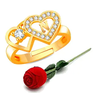 MEENAZ Rings for Women Girls Men Couple girlfriend Wife lovers Valentine Gift propose CZ AD American diamond Adjustable Love Heart Initial Letter Name Alphabet N Gold finger Ring Red Rose Box Set-729