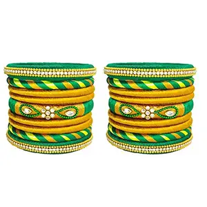 Blue jays hub Silk Thread Bangles New kundan Style Green-Gold Color Set of 18 for Women/Girls (Green-Gold,Small Size 2.4)