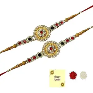 Avanti Creations Rakhi for Brother Bhabhi Gift Combo,Set of 2 Kundan Rakhi With Roli Tilak