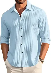 FINIVO FASHION Men's Casual Cotton Plain Button Down Shirt Long Sleeve Textured Summer Beach Shirt for Men