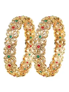 Femmibella Gold Plated Floral Polki CZ 4Pc Bangle For Women and Girls