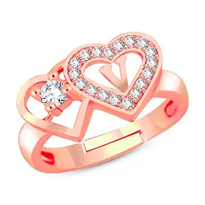 MEENAZ Rose gold Rings for Women Girls Couple girlfriend Wife lovers Valentine Gift CZ AD American diamond Adjustable Love Heart Stone Initial Letter Name Alphabet V finger Ring Stylish AD CZ -340