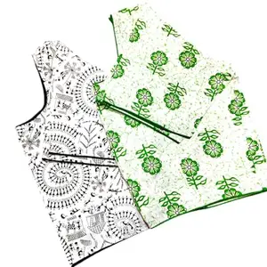 Pure Cotton Printed Blouse for Women | Round Neck | Short Sleeve | Princess Cut Design | Breathable Non-Padded Blouse | Traditional Ethnic Wear | Comfort Fit | Daily & Festive Use (Madhu & Green, 34)