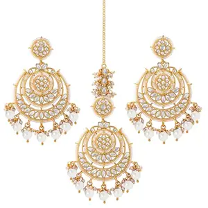 Peora Gold Plated Kundan Studded Chandbali Earrings With Maang Tikka Jewellery Set For Women