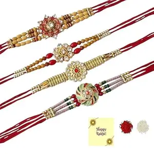 Avanti Creations Classic Kundan Designer Gold Plated Premium Rakhi for Brother With Roli Chawal & Greeting Card Set Of 4